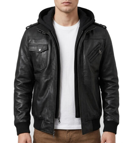 Mens Black Bomber Leather Jacket With Removable Hood