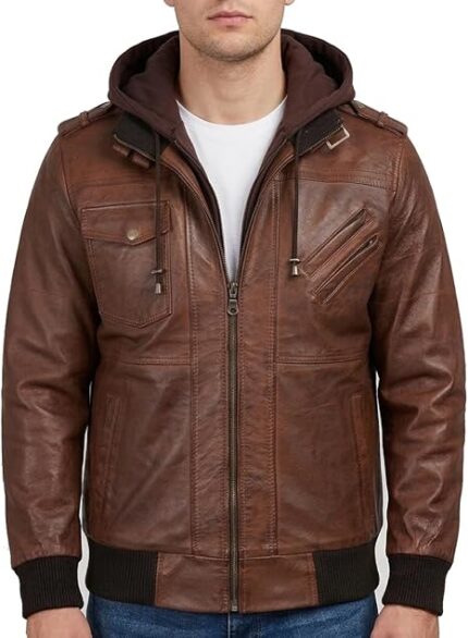 Mens Black Biker Leather jacket with removeable hood